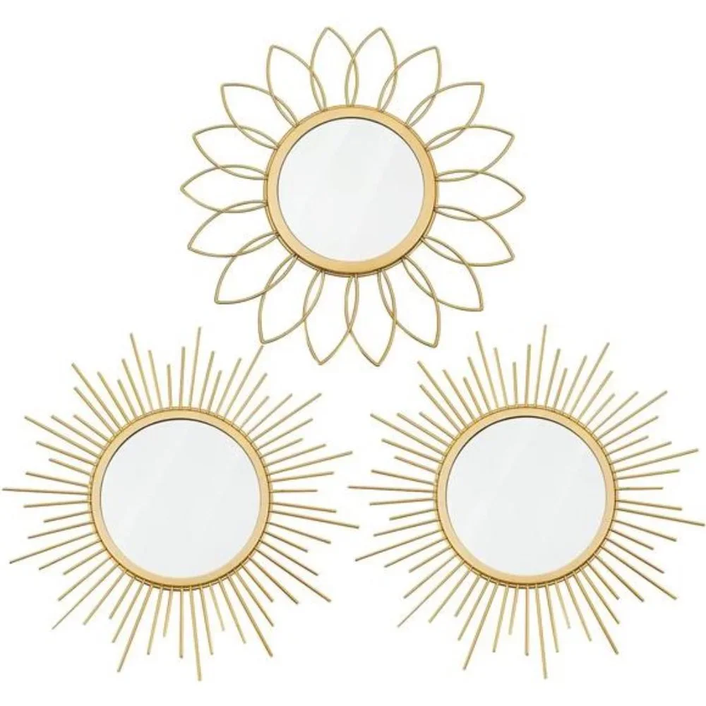 3 Pack Gold Mirrors for Wall Metal Sunburst Wall Mirrors Home Décor Decorative